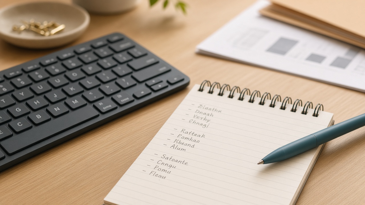 Search planner desk with a muted teal notebook — generic photography