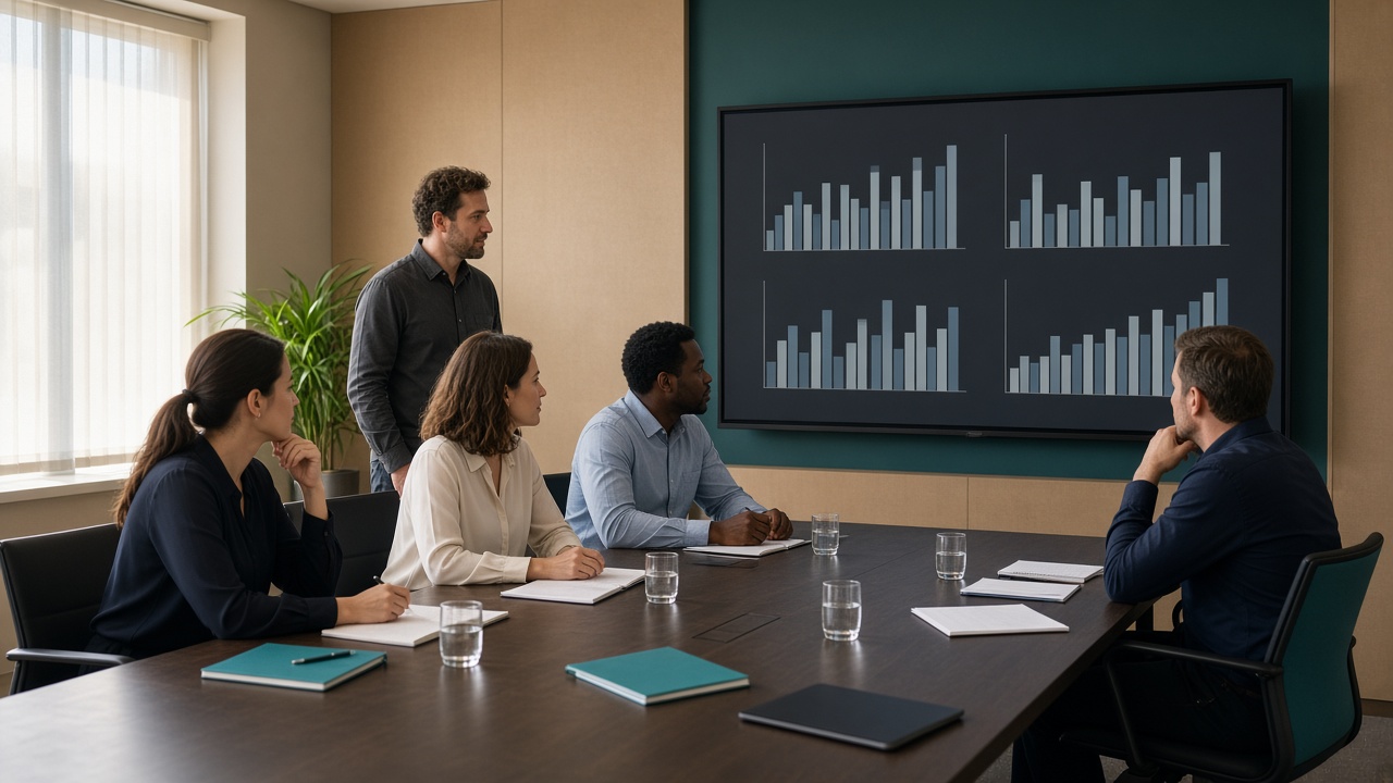 Agency floor reviewing search and demand-gen charts — generic photography, not a client war room